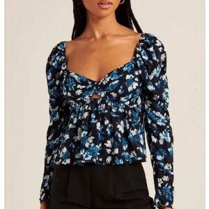 Abercrombie‎ & Fitch Blue Floral Key Hole Light Puff Sleeve Top